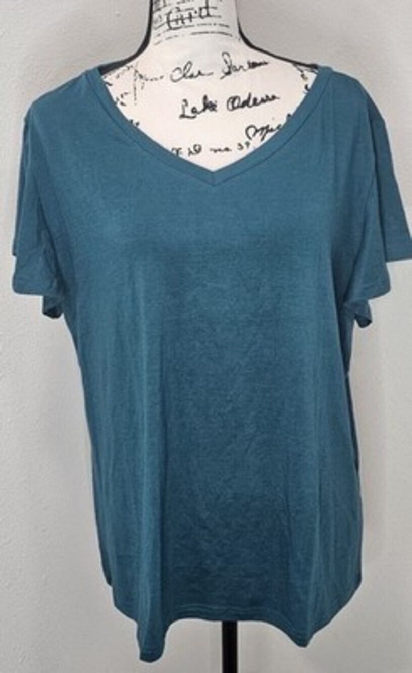 Ekouaer Womens Teal Short Sleeve Casual Knit Lounge Top V-Neck Shirt Size XL NWT
